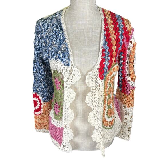 Vintage Carole Little Crochet Patchwork Sweater Women's Small Petite Cottage Y2K - Picture 1 of 8